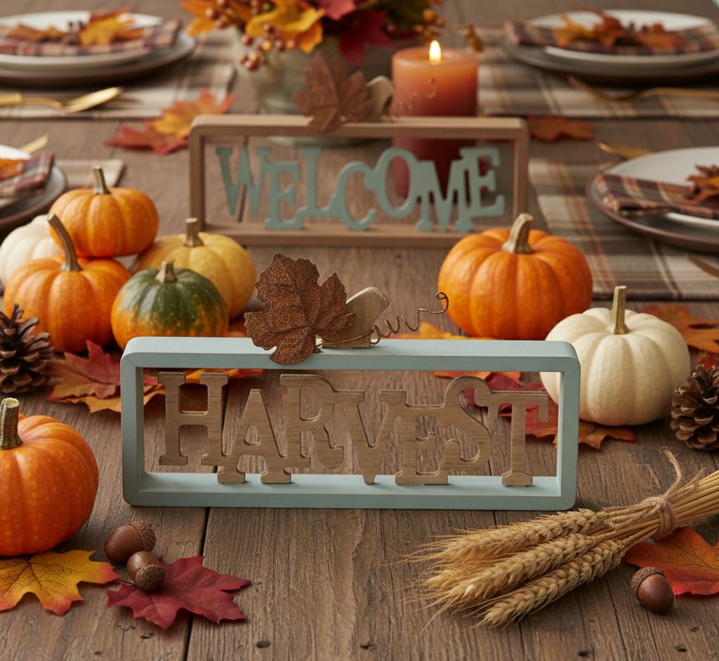 Set of two fall tabletop signs reading “Welcome” and “Harvest” in brown and teal with tin leaf accents
