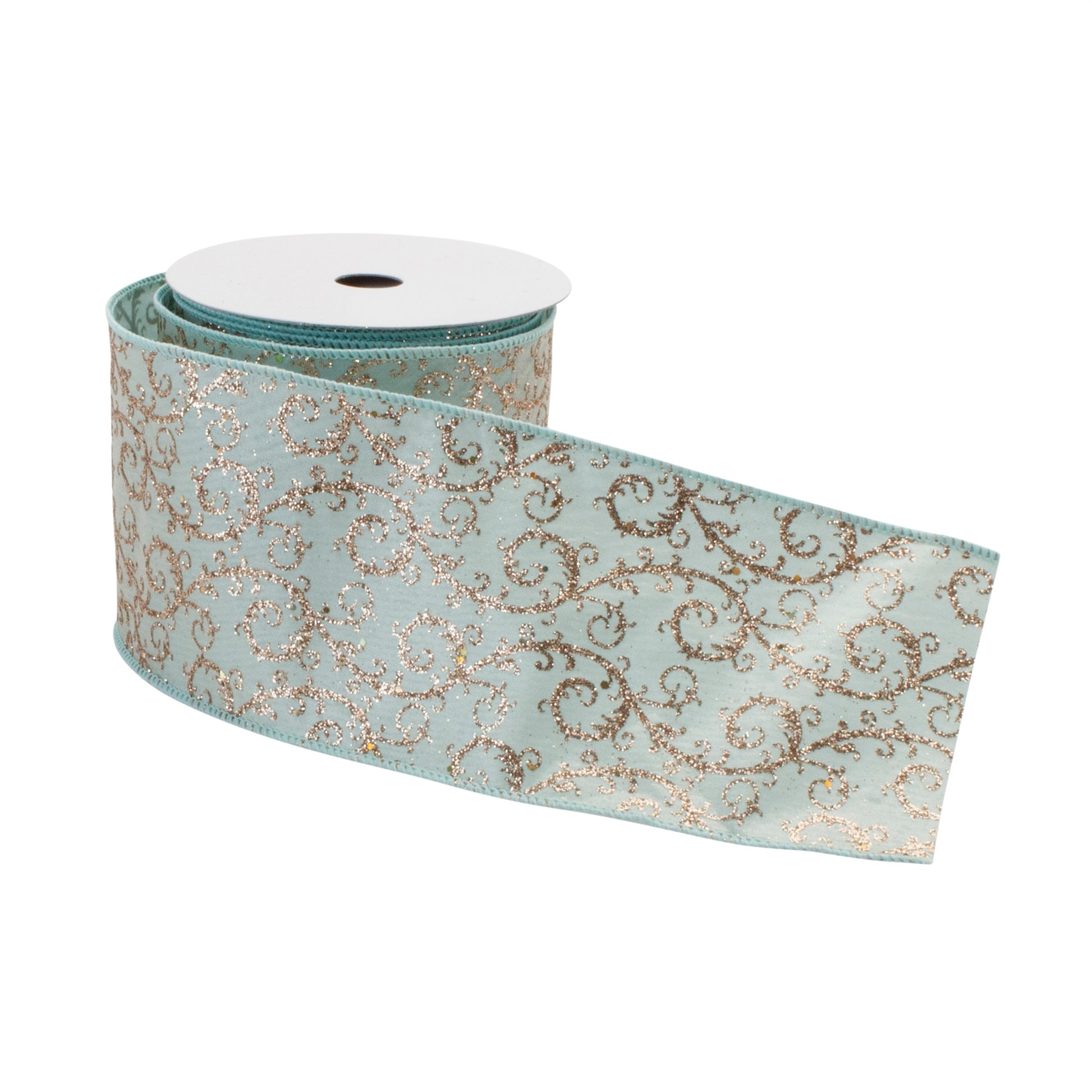 Ornate blue and gold glitter wired ribbon 4″ × 10 Yds – perfect for wreaths, bows, garlands, and holiday décor | RRO Home
