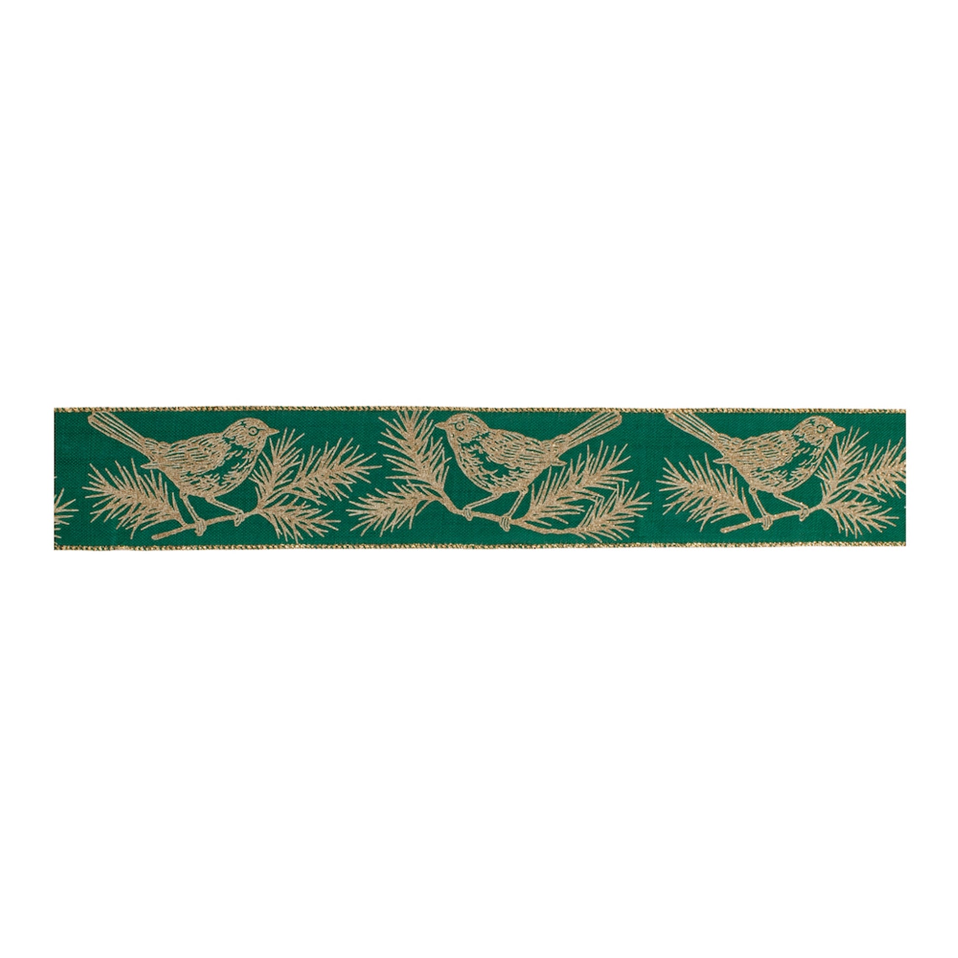 Chickadee bird and pine branch wired ribbon set – 2.5″ × 10 yds each (green & gold tones) for wreaths, bows, garlands | RRO Home

