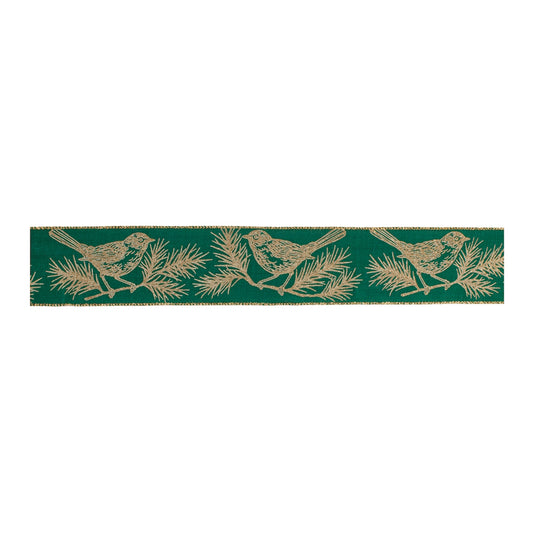 Chickadee bird and pine branch wired ribbon set – 2.5″ × 10 yds each (green & gold tones) for wreaths, bows, garlands | RRO Home
