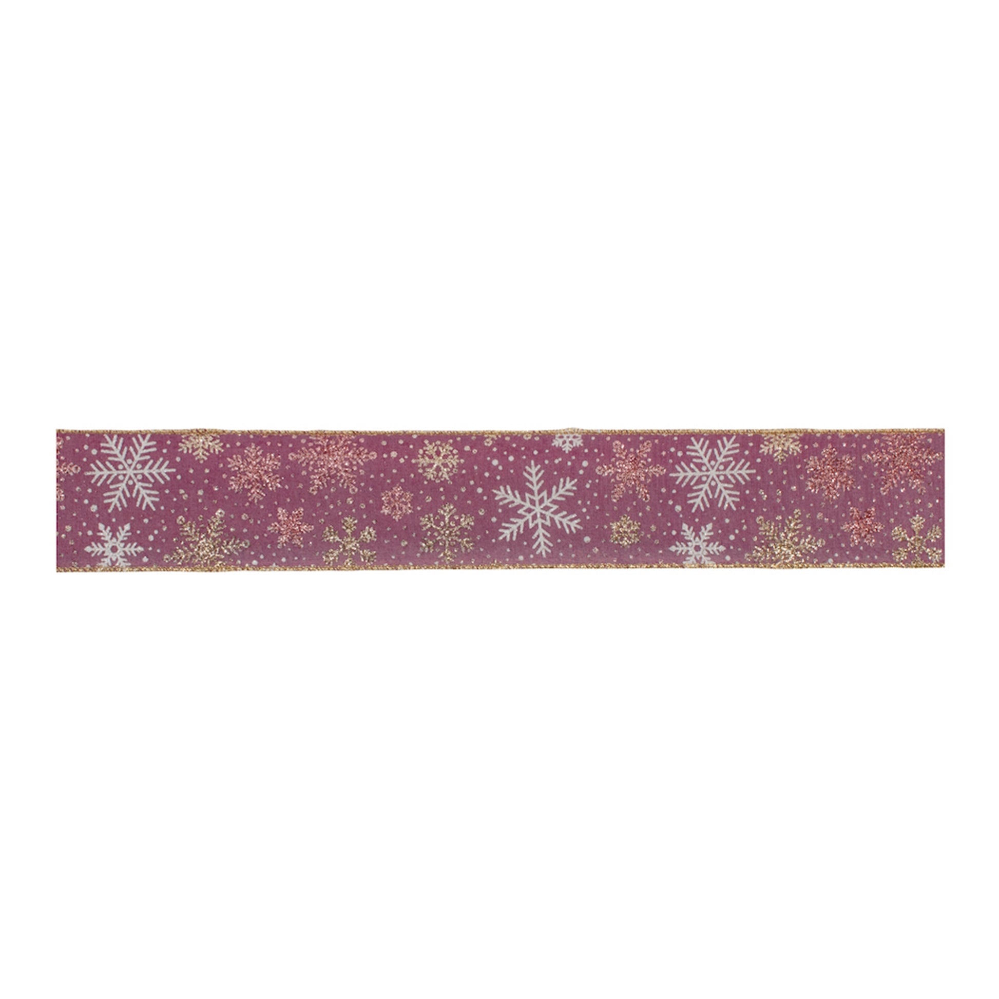 Mauve wired snowflake ribbon with glitter (2.5″ × 10 Yds) in pink, gold & white—ideal for holiday wreaths, bows and festive décor | RRO Home
