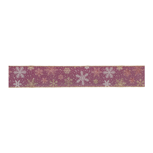 Mauve wired snowflake ribbon with glitter (2.5″ × 10 Yds) in pink, gold & white—ideal for holiday wreaths, bows and festive décor | RRO Home
