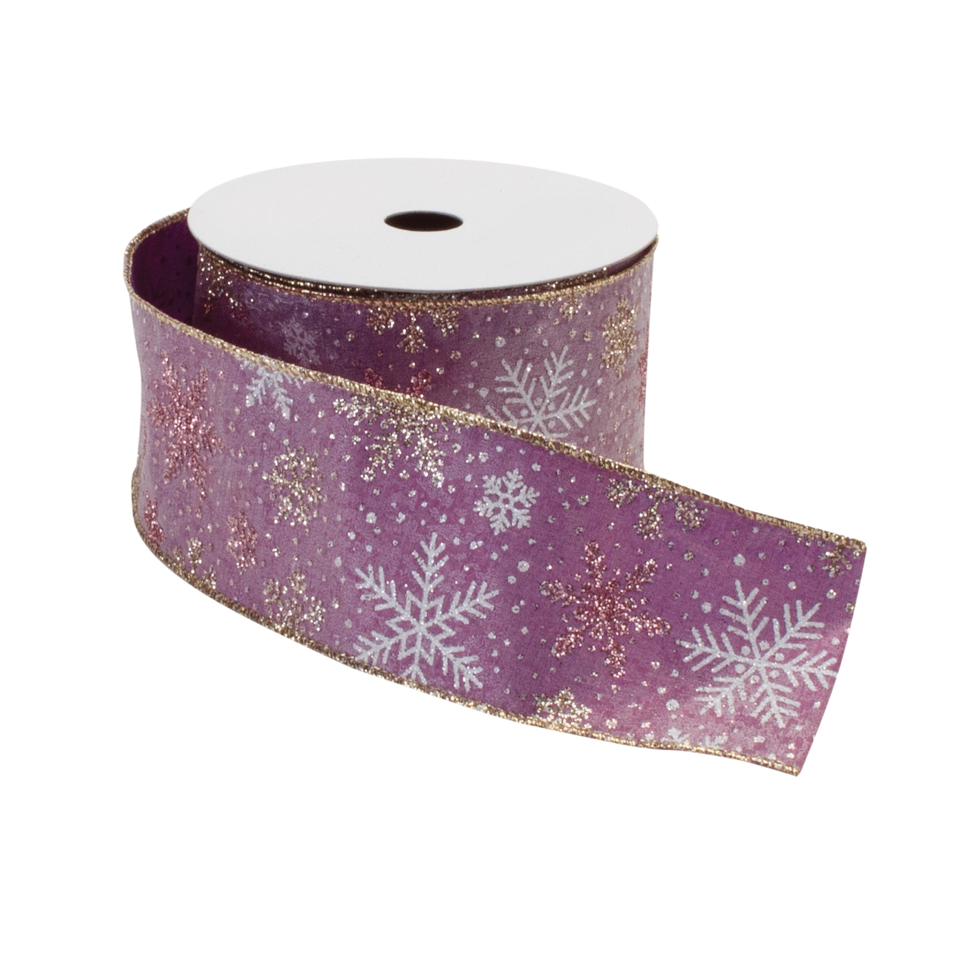 Mauve wired snowflake ribbon with glitter (2.5″ × 10 Yds) in pink, gold & white—ideal for holiday wreaths, bows and festive décor | RRO Home
