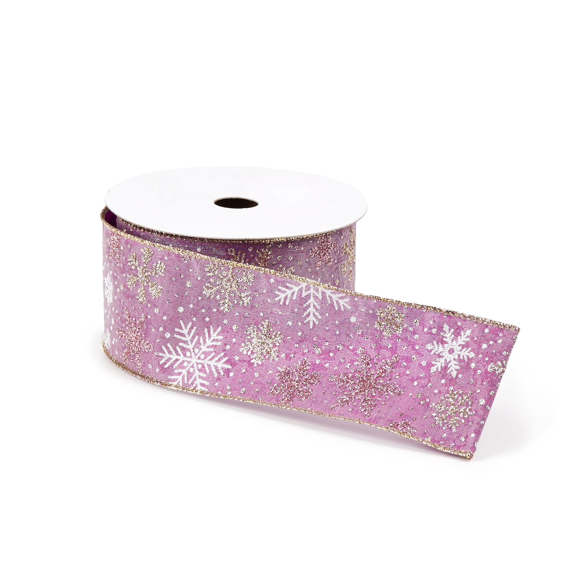 Mauve wired snowflake ribbon with glitter (2.5″ × 10 Yds) in pink, gold & white—ideal for holiday wreaths, bows and festive décor | RRO Home

