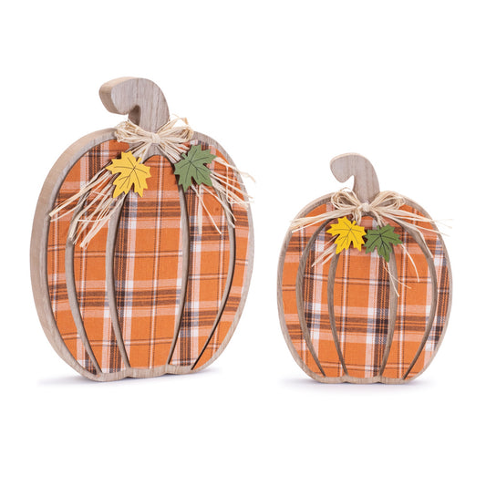Set of two plaid fabric pumpkins with wood stems in harvest colors for fall décor
