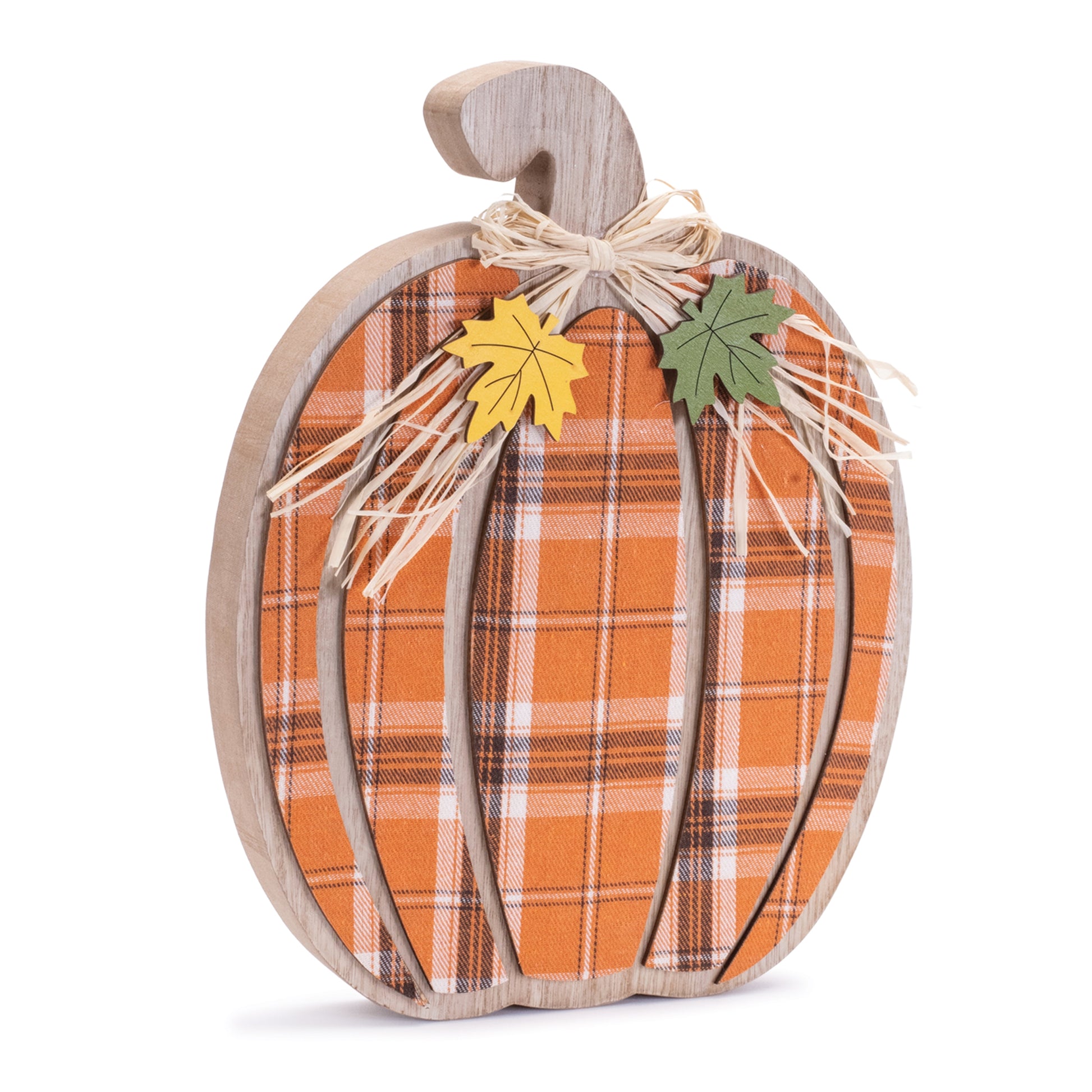 Set of two plaid fabric pumpkins with wood stems in harvest colors for fall décor
