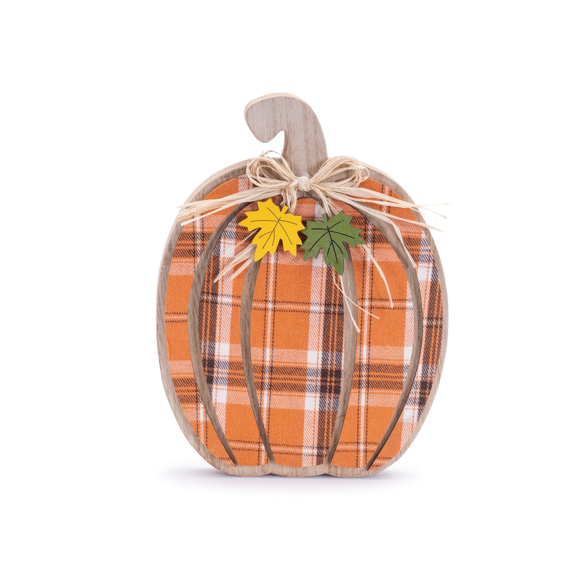 Set of two plaid fabric pumpkins with wood stems in harvest colors for fall décor
