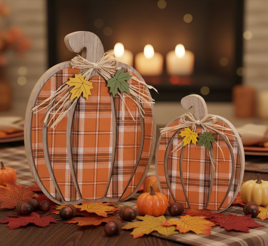 Set of two plaid fabric pumpkins with wood stems in harvest colors for fall décor

