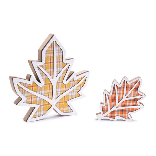 Two rustic plaid leaf décor shelf sitters in orange and yellow tones with wood construction for fall décor

