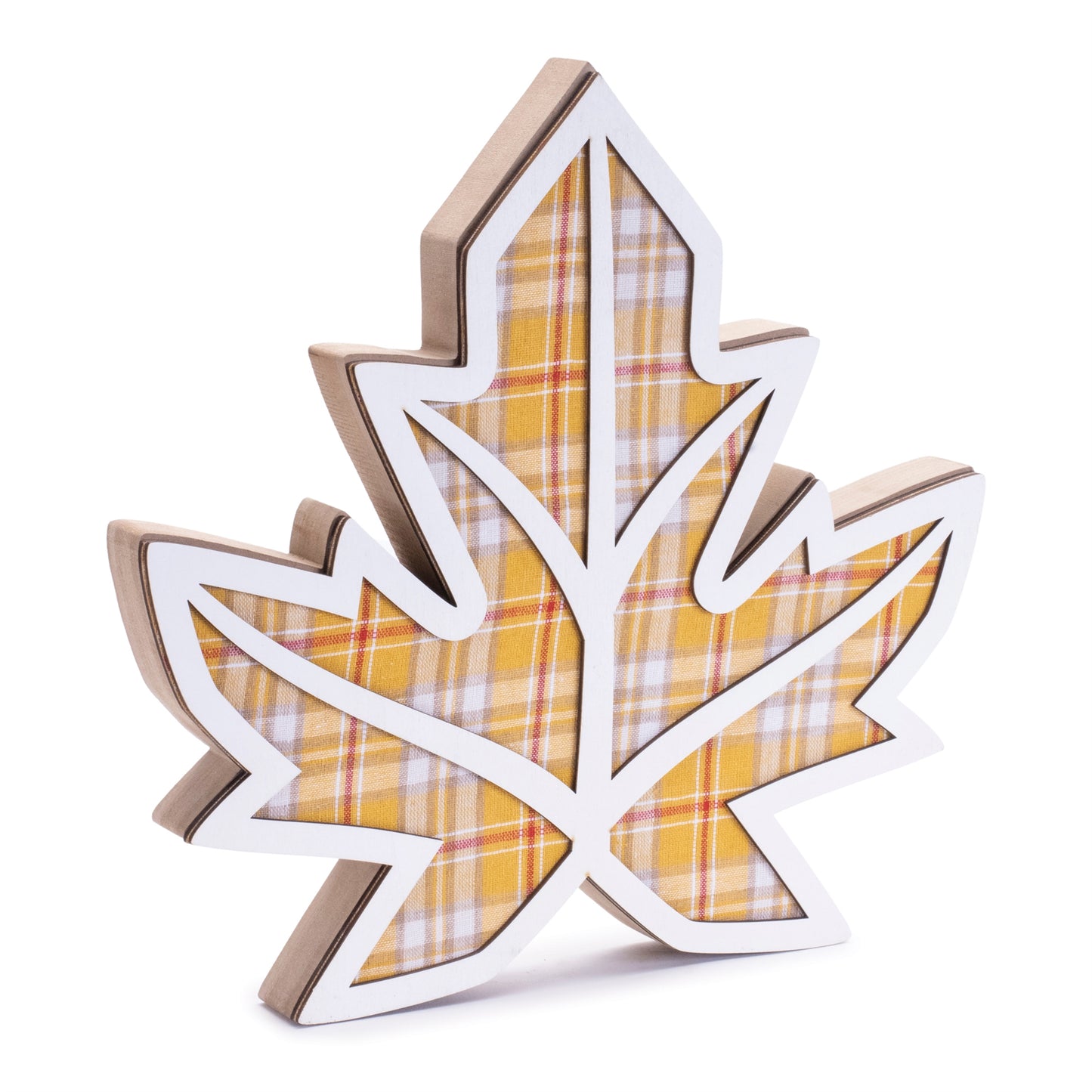 Two rustic plaid leaf décor shelf sitters in orange and yellow tones with wood construction for fall décor
