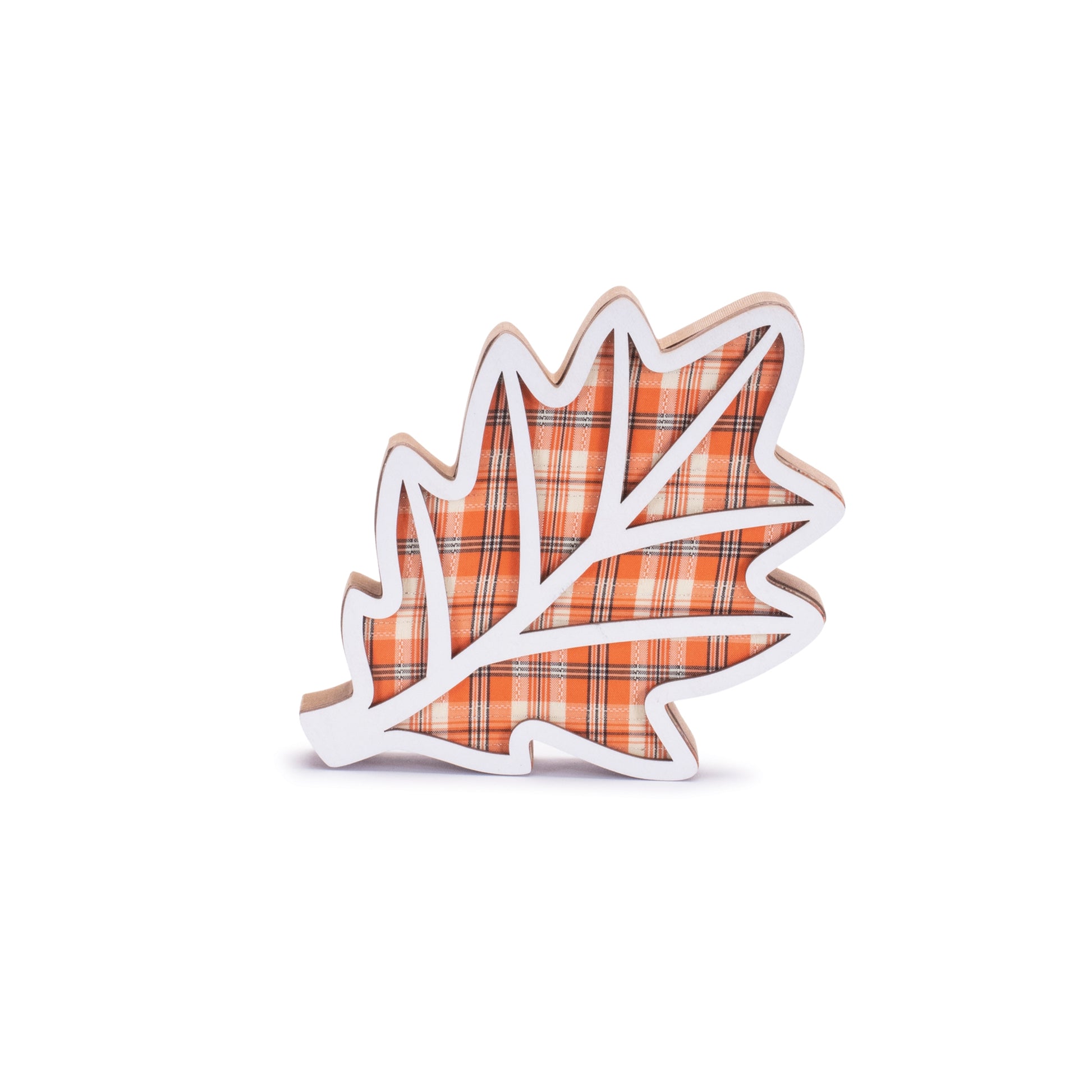 Two rustic plaid leaf décor shelf sitters in orange and yellow tones with wood construction for fall décor
