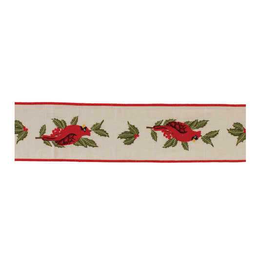 Embroidered Winter Cardinal Ribbon – 4" x 5 yds wired holiday ribbon
