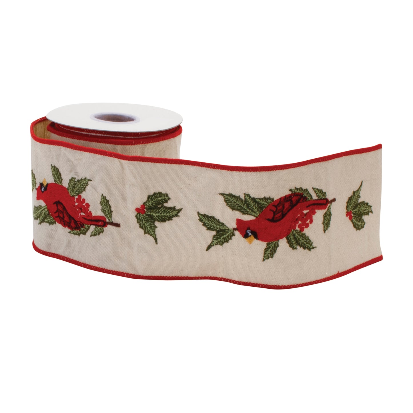 Embroidered Winter Cardinal Ribbon – 4" x 5 yds wired holiday ribbon
