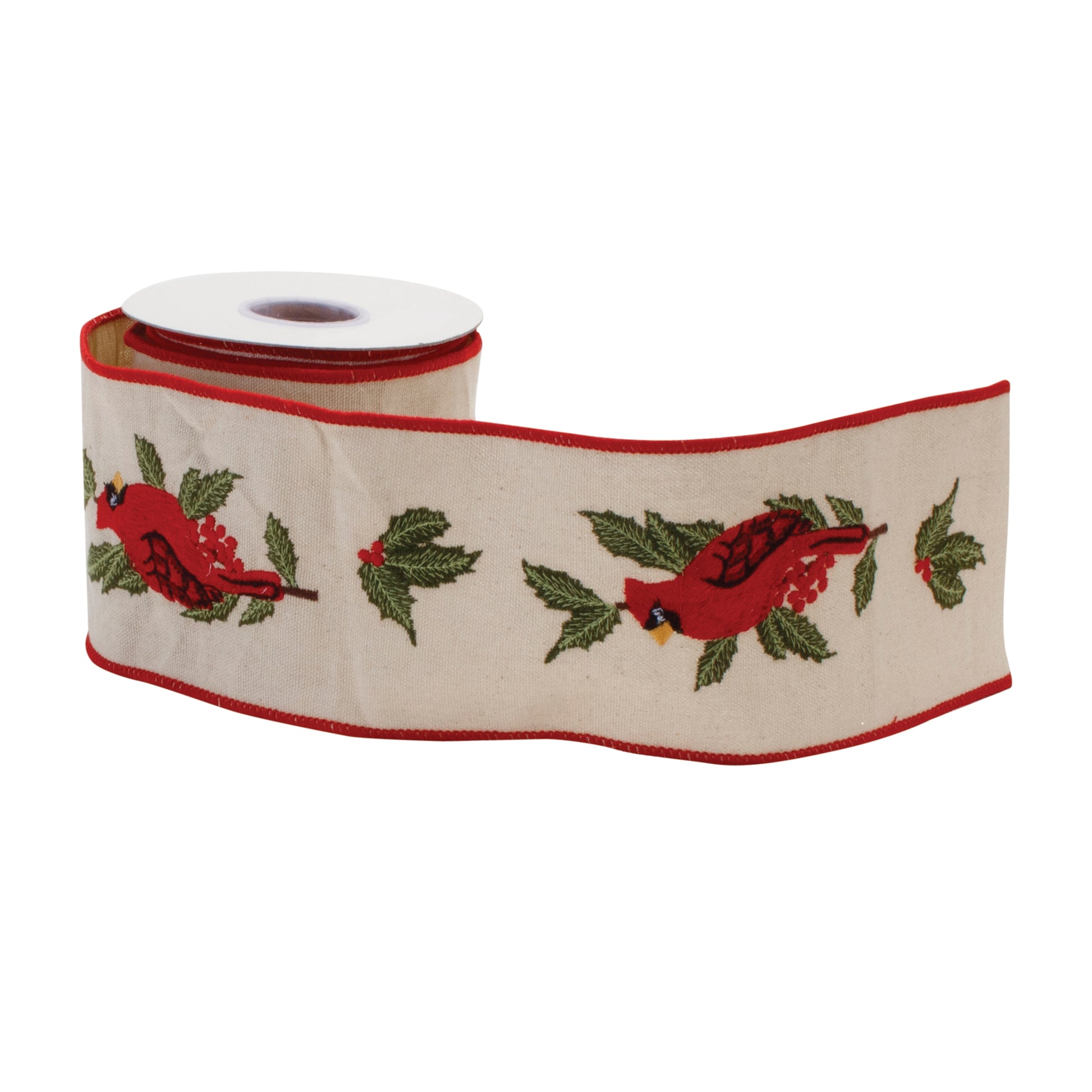 Embroidered Winter Cardinal Ribbon – 4" x 5 yds wired holiday ribbon
