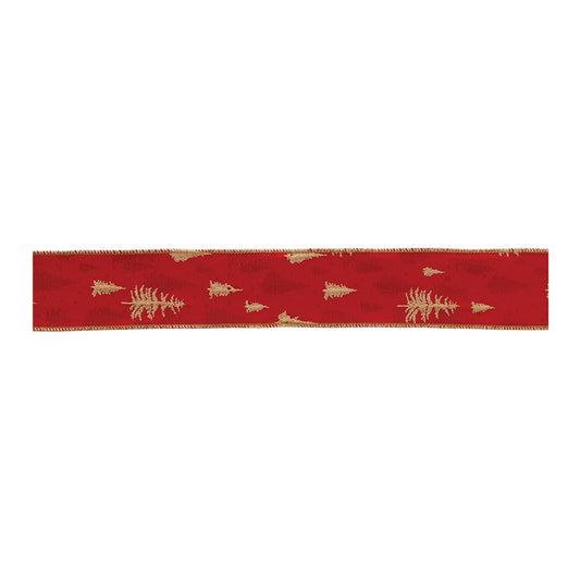 Pine Tree Holiday Ribbon set of 2 – red and gold pine tree wired ribbon 2.5" x 5 yds each | RRO Home
