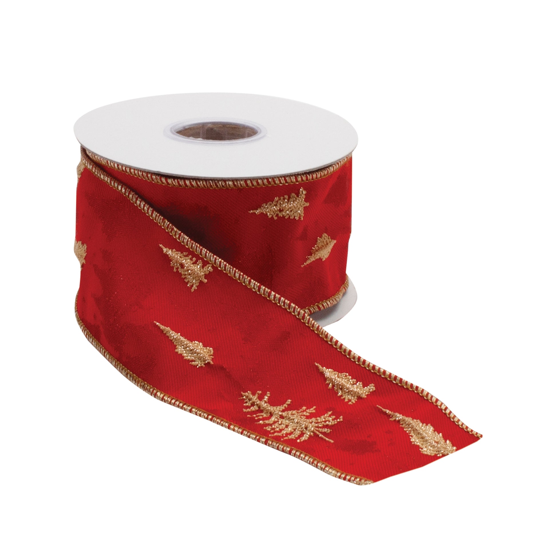 Pine Tree Holiday Ribbon set of 2 – red and gold pine tree wired ribbon 2.5" x 5 yds each | RRO Home

