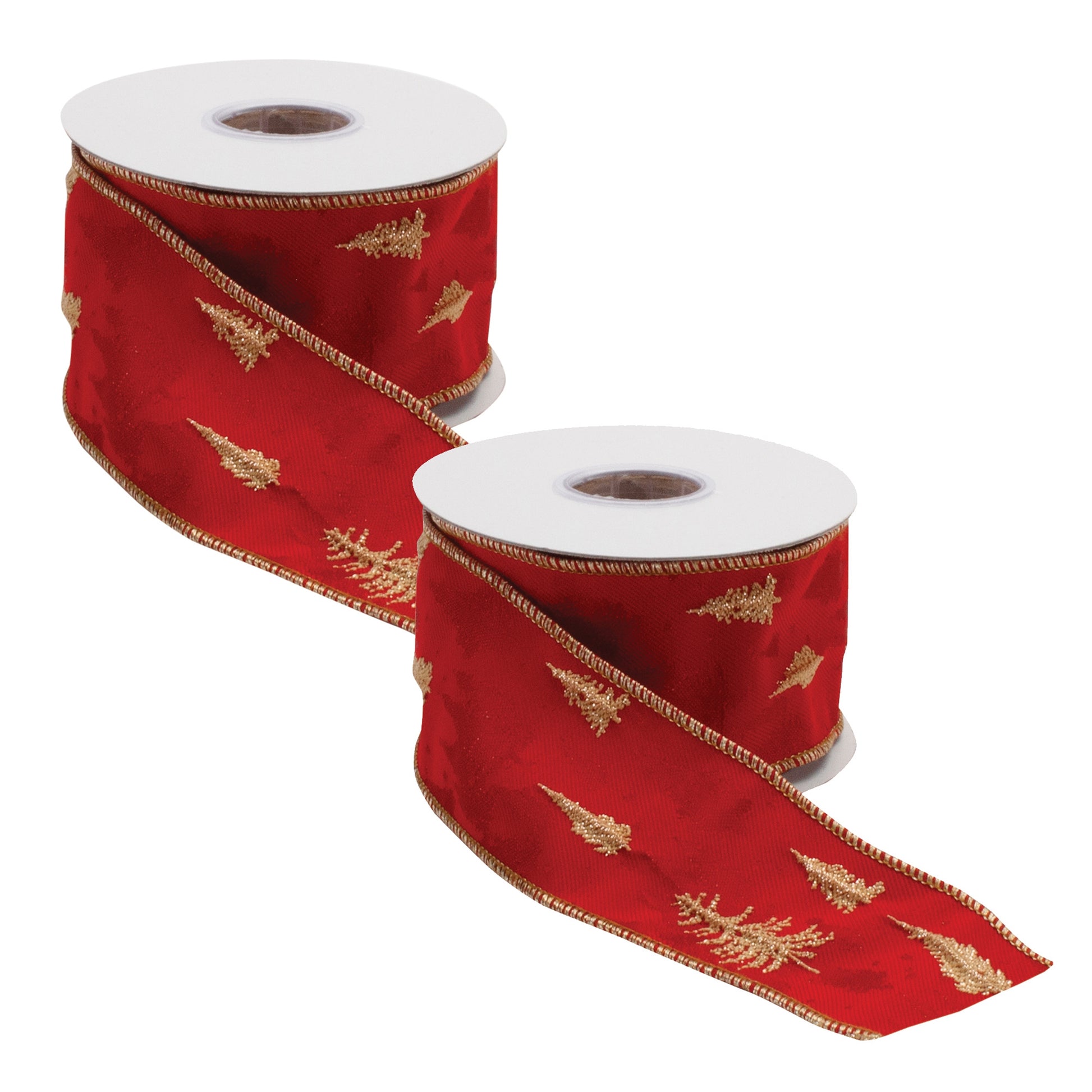 Pine Tree Holiday Ribbon set of 2 – red and gold pine tree wired ribbon 2.5" x 5 yds each | RRO Home
