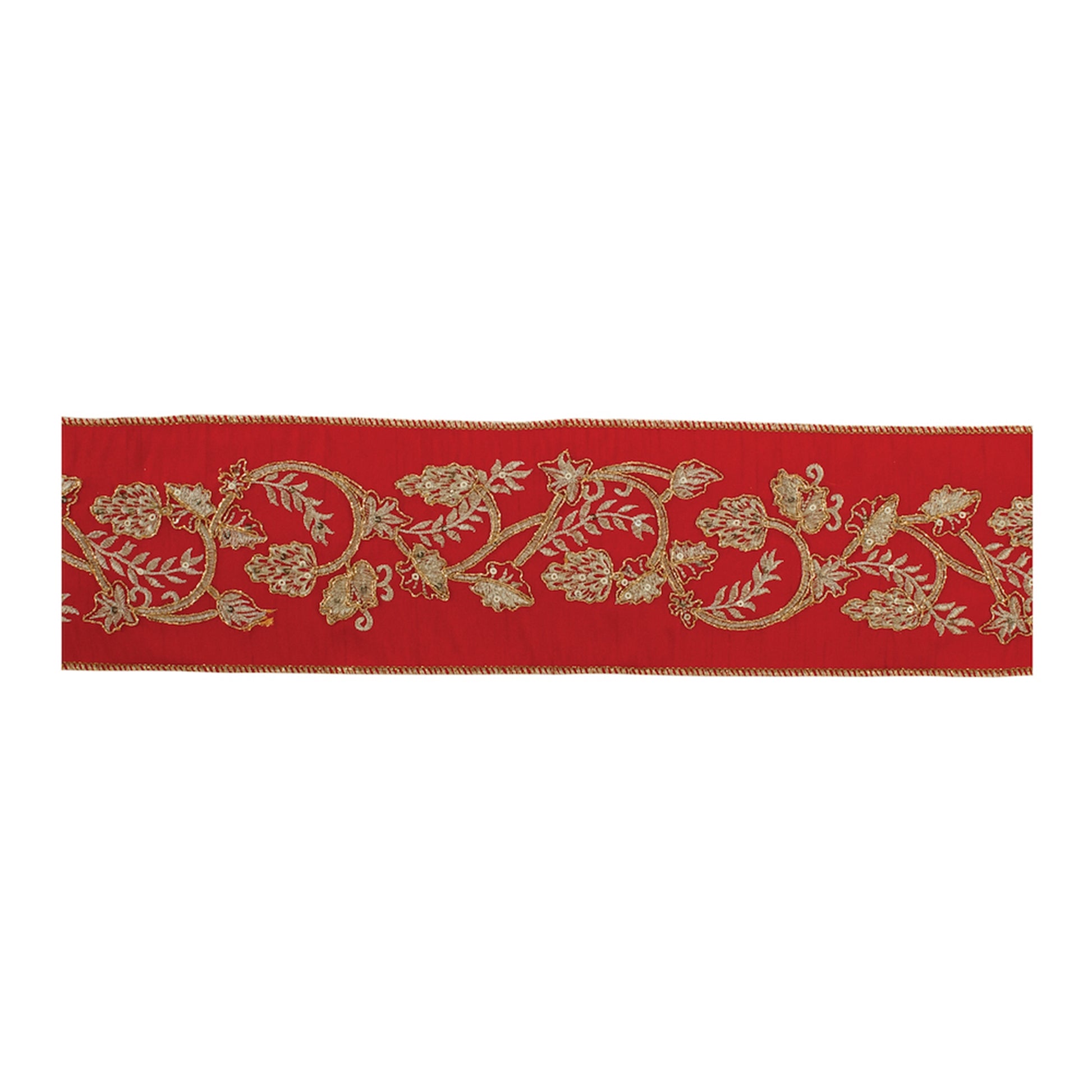 Ornate holiday ribbon 4" × 5 Yds – red wired ribbon with gold floral design | RRO Home
