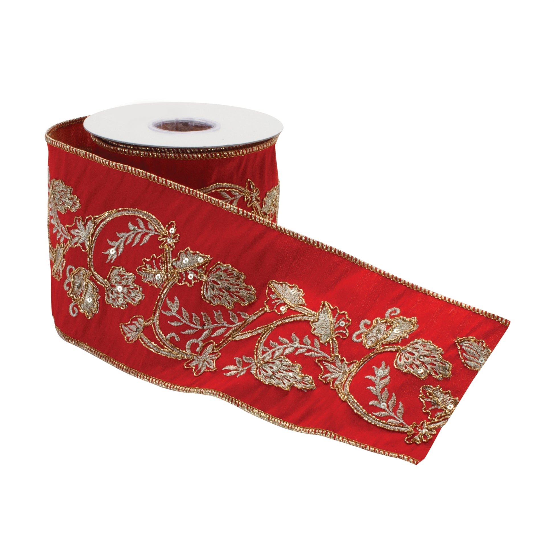 Ornate holiday ribbon 4" × 5 Yds – red wired ribbon with gold floral design | RRO Home
