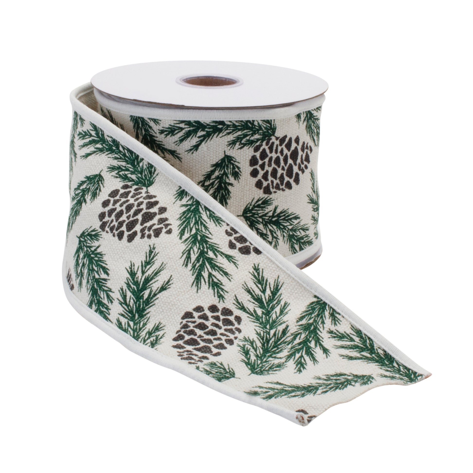 Pine and pinecone cotton wired ribbon 4" x 5 yds – rustic holiday design | RRO Home
