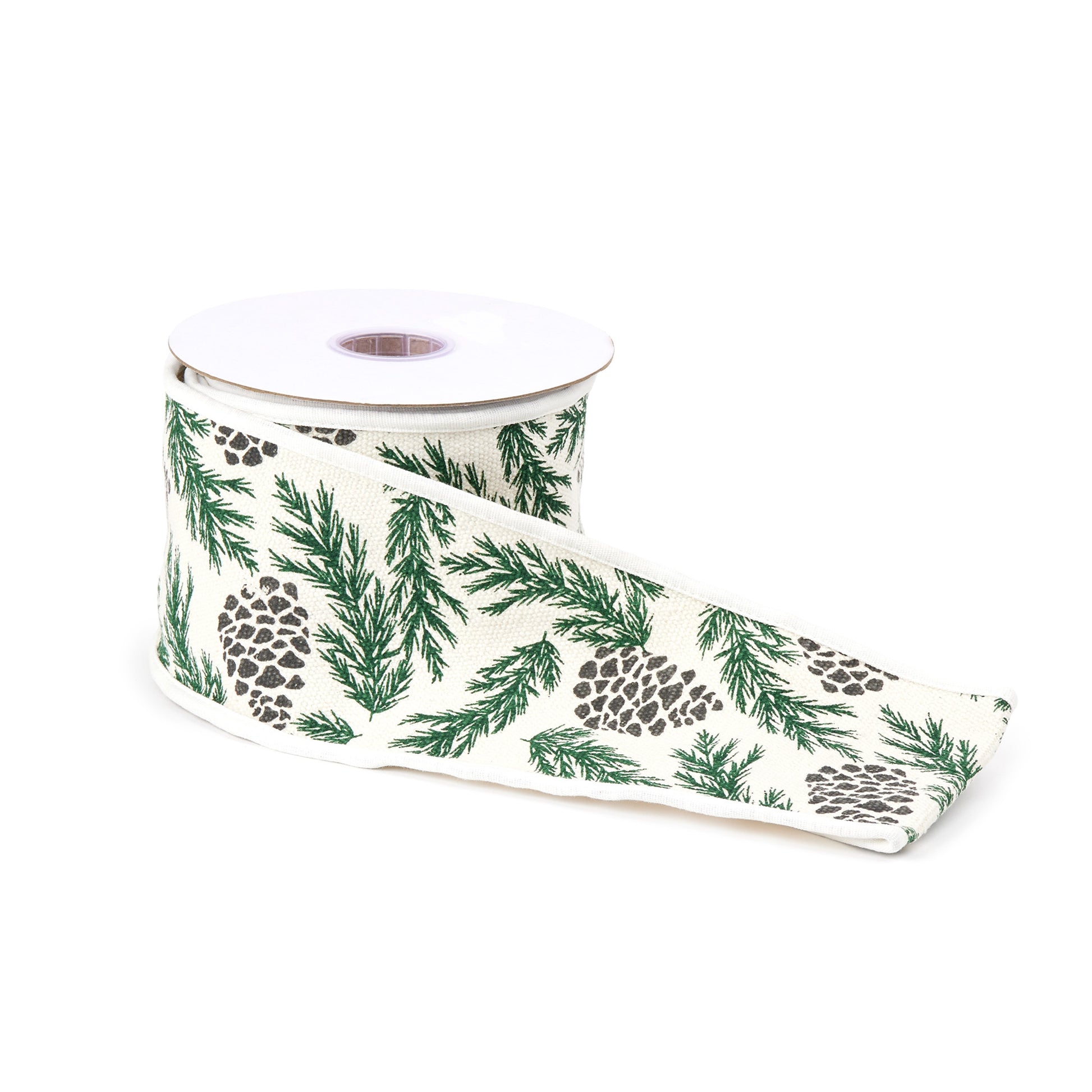 Pine and pinecone cotton wired ribbon 4" x 5 yds – rustic holiday design | RRO Home

