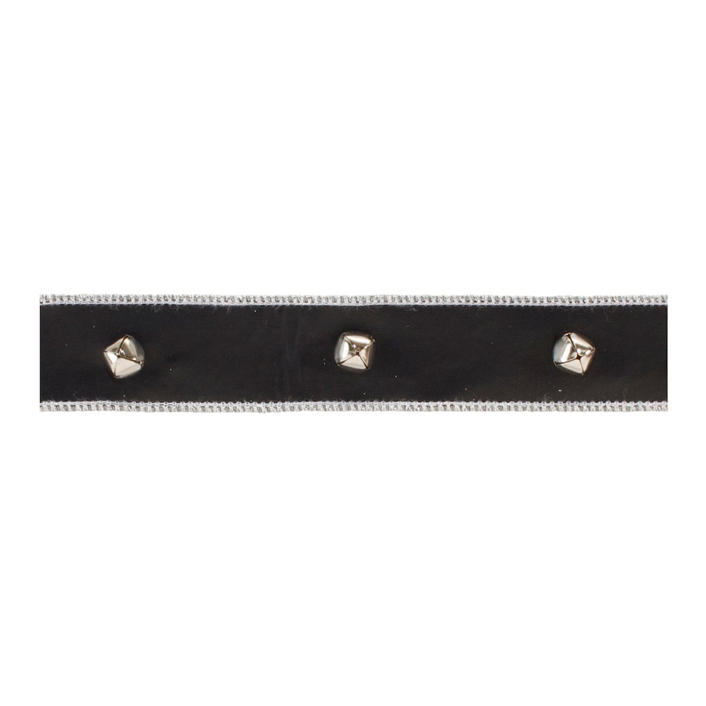 Jingle Bell faux leather wired ribbon 1.5" x 5 yds – black with silver sleigh bell accents | RRO Home
