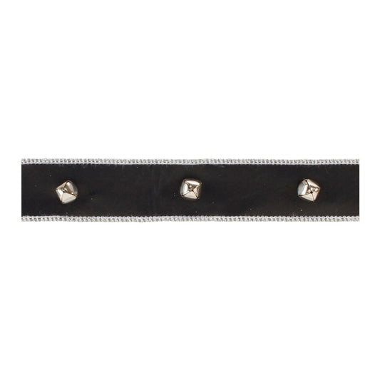 Jingle Bell faux leather wired ribbon 1.5" x 5 yds – black with silver sleigh bell accents | RRO Home
