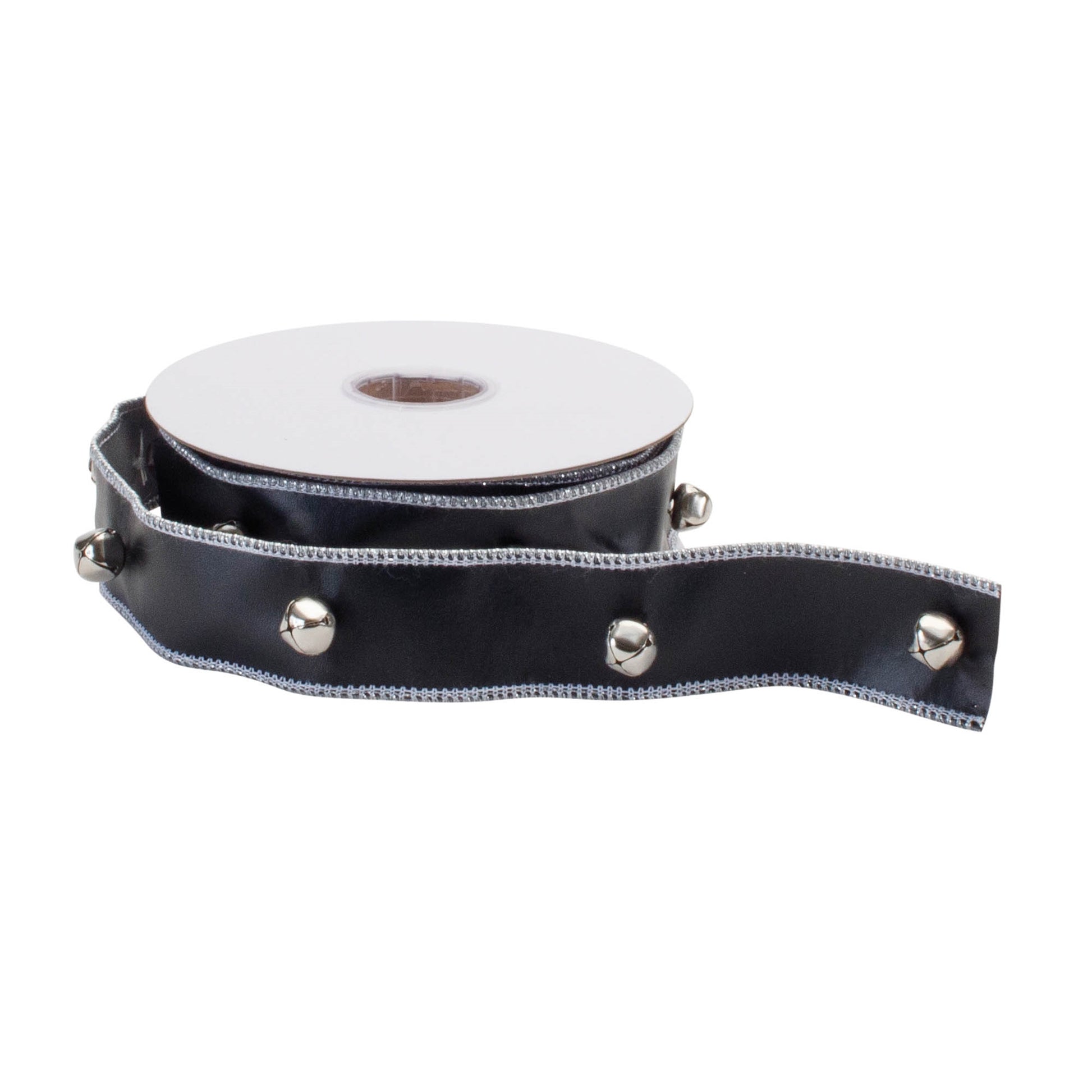 Jingle Bell faux leather wired ribbon 1.5" x 5 yds – black with silver sleigh bell accents | RRO Home
