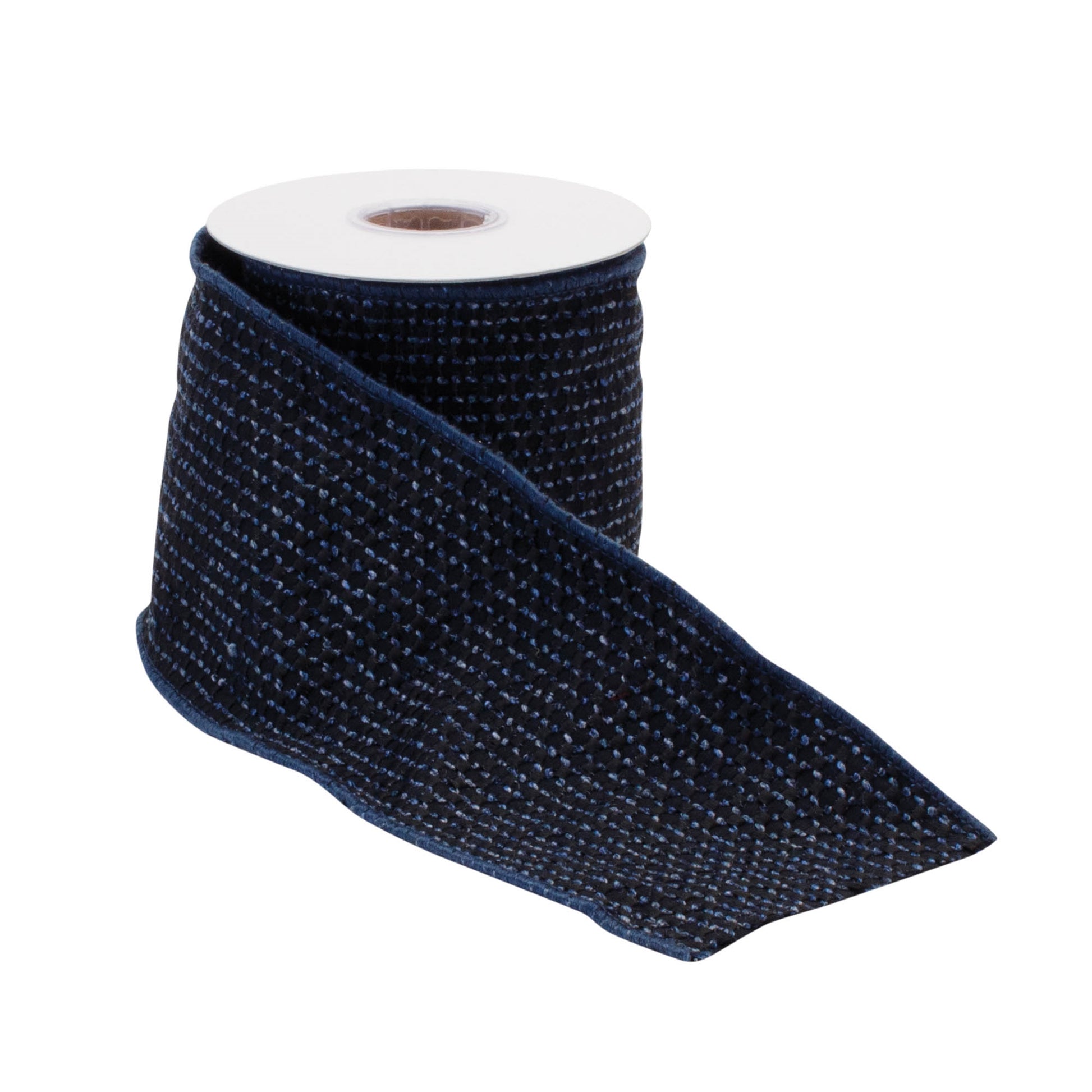 Navy Blue Woven Wired Ribbon set of 2 – 4" x 5 yds each, woven polyester-cotton wired ribbon in deep navy | RRO Home
