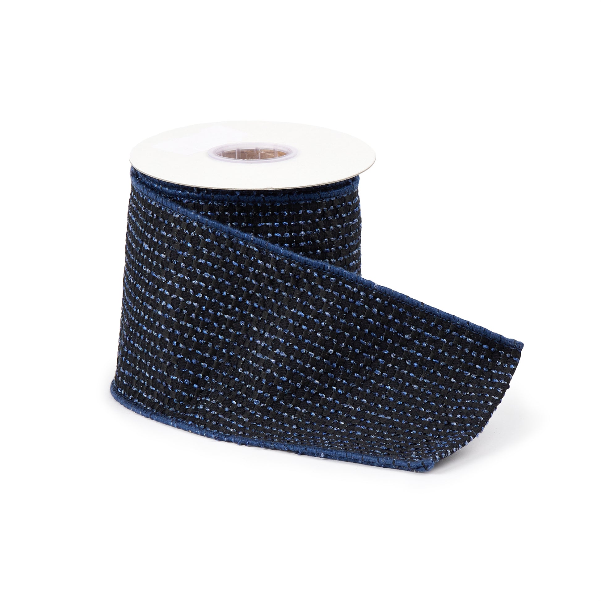 Navy Blue Woven Wired Ribbon set of 2 – 4" x 5 yds each, woven polyester-cotton wired ribbon in deep navy | RRO Home
