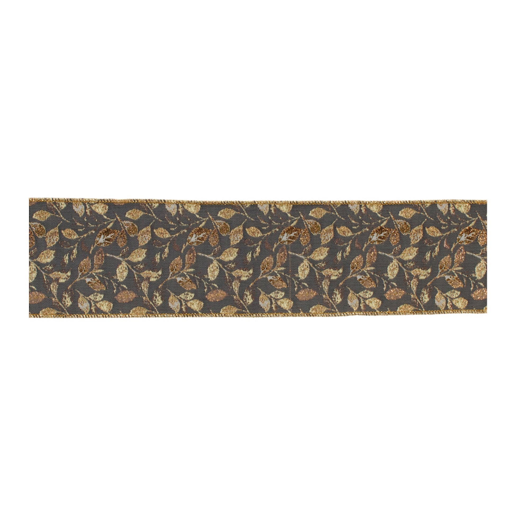 Grey and gold leaf print wired ribbon 4" x 5 yds – festive holiday ribbon | RRO Home
