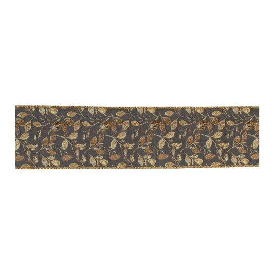 Grey and gold leaf print wired ribbon 4" x 5 yds – festive holiday ribbon | RRO Home
