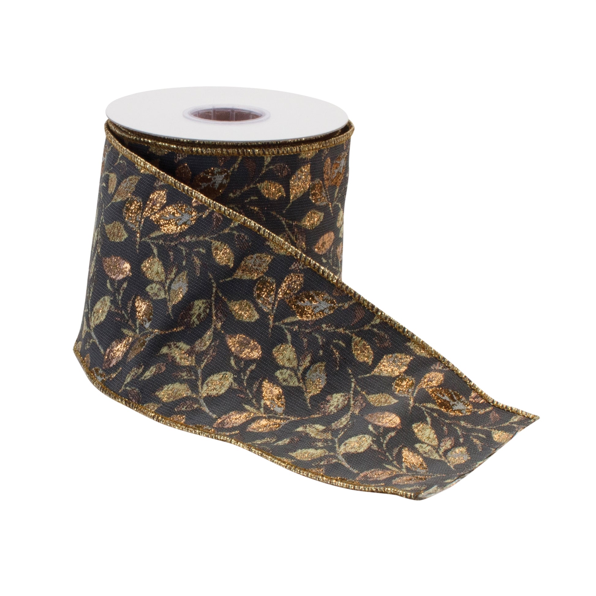 Grey and gold leaf print wired ribbon 4" x 5 yds – festive holiday ribbon | RRO Home

