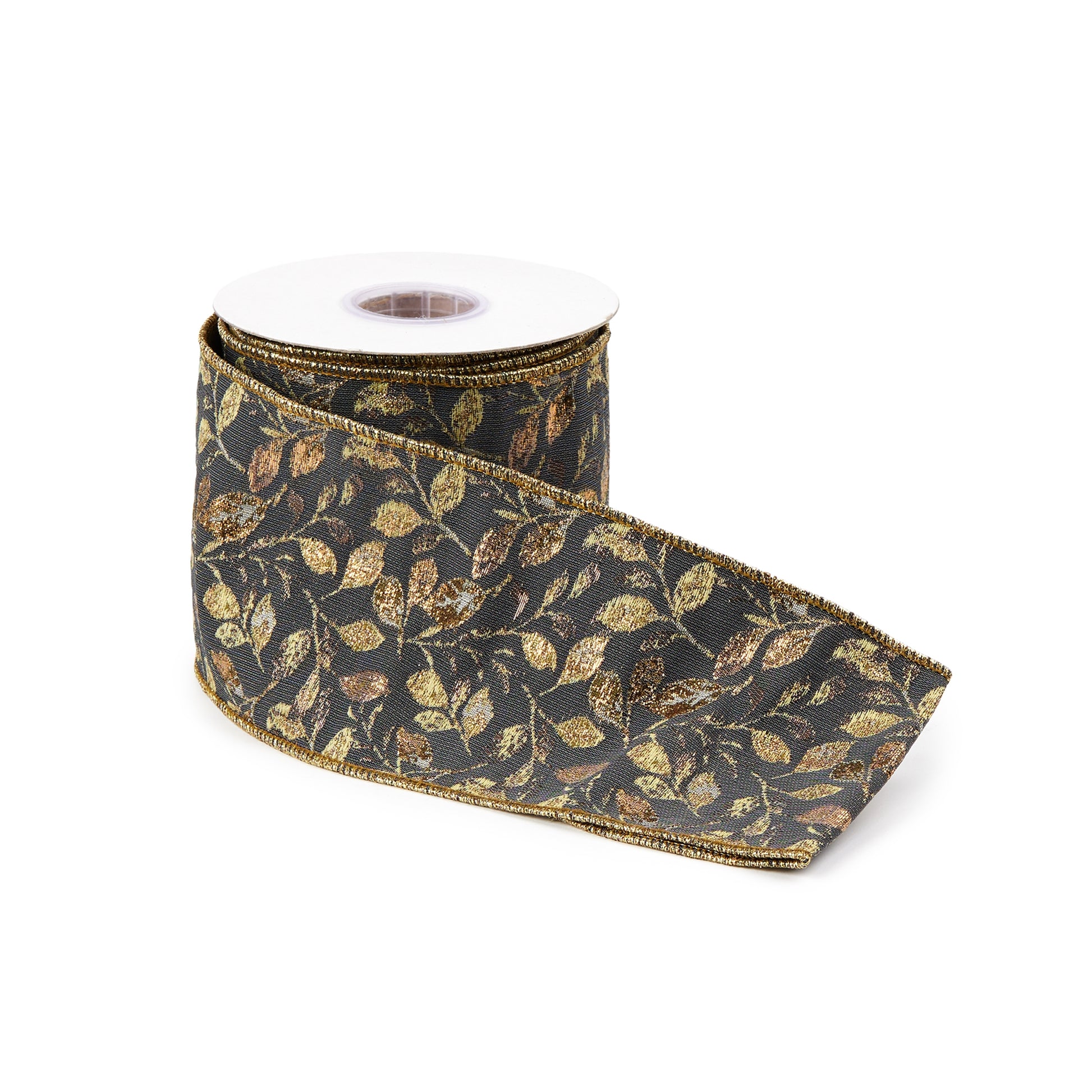 Grey and gold leaf print wired ribbon 4" x 5 yds – festive holiday ribbon | RRO Home
