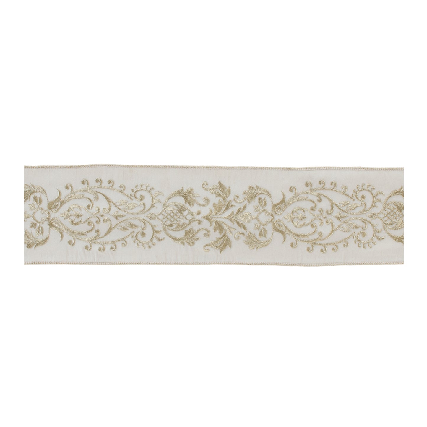 Ornate white wired ribbon – 4" x 5 yds, gold-accented ivory pattern | RRO Home
