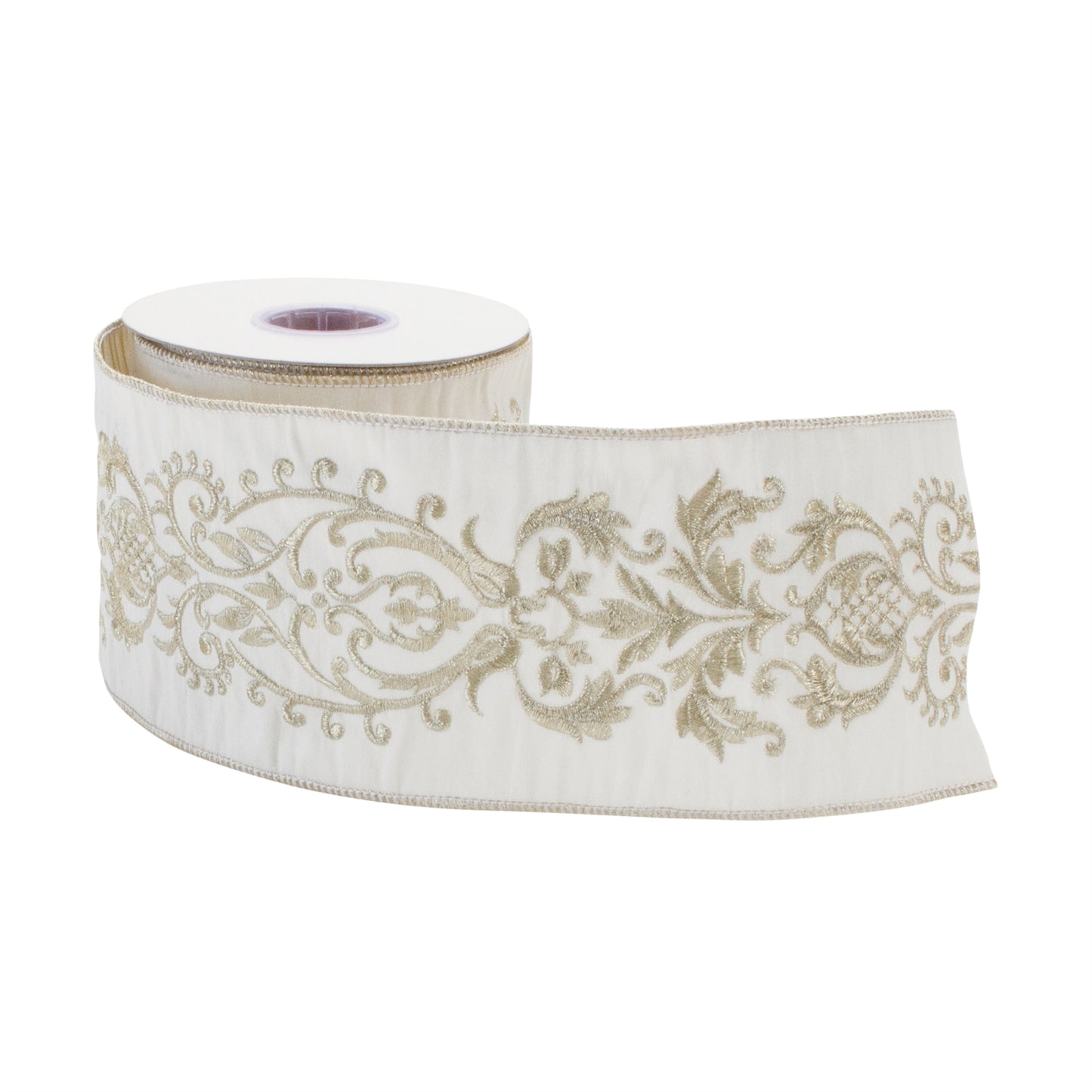 Ornate white wired ribbon – 4" x 5 yds, gold-accented ivory pattern | RRO Home
