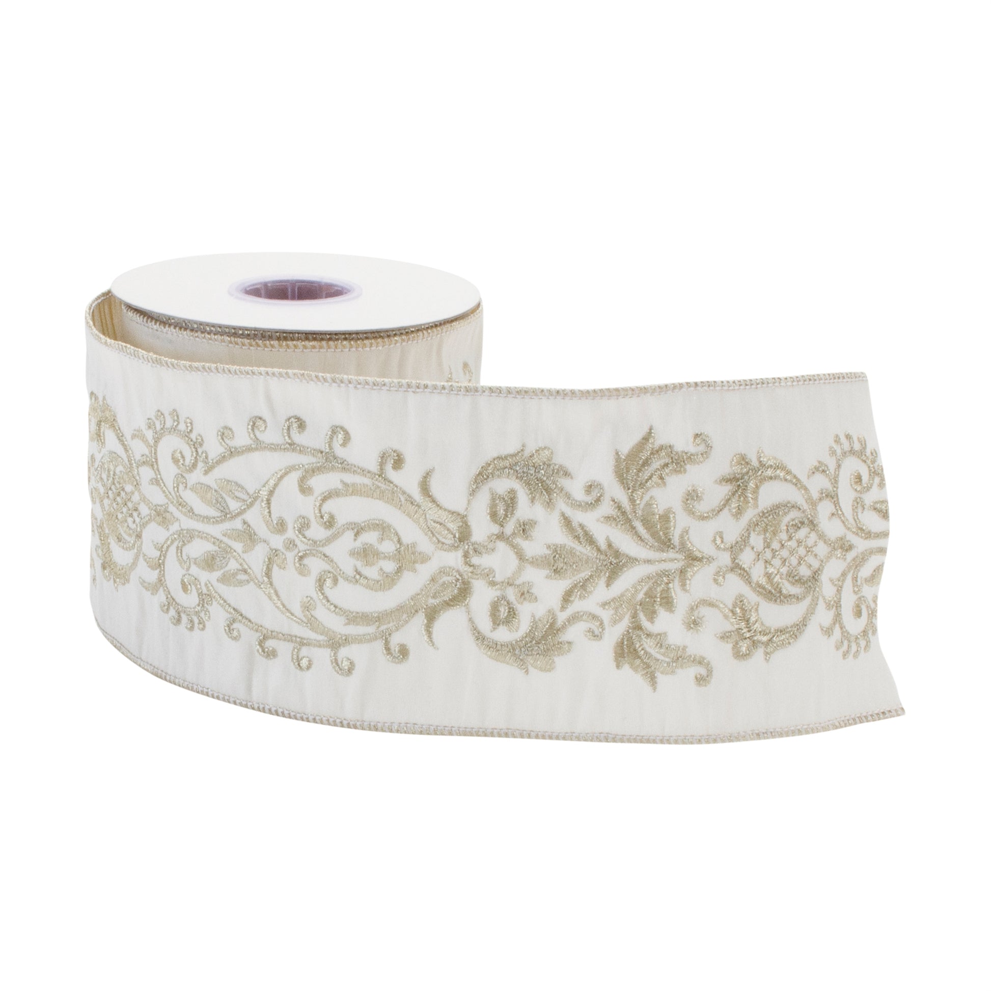Ornate white wired ribbon – 4" x 5 yds, gold-accented ivory pattern | RRO Home
