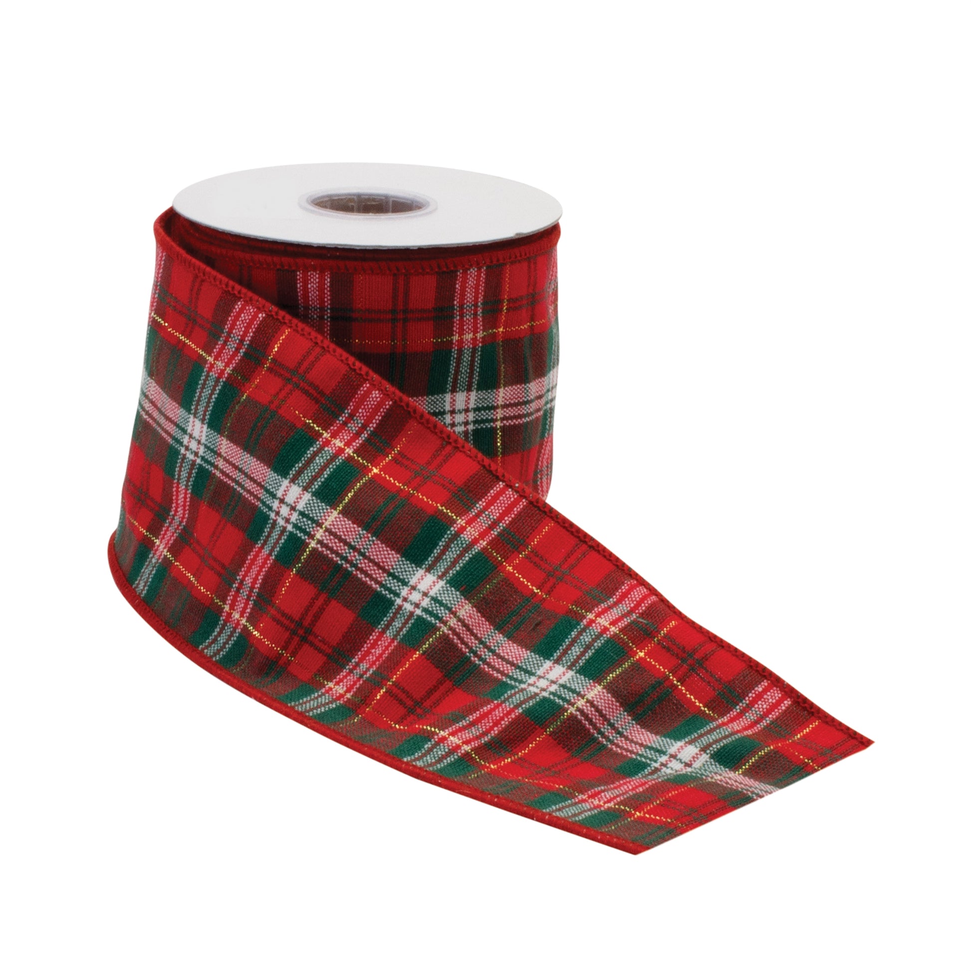 Plaid Holiday Ribbon red and white – 2.5" x 5 yds wired cotton ribbon with green accents | RRO Home
