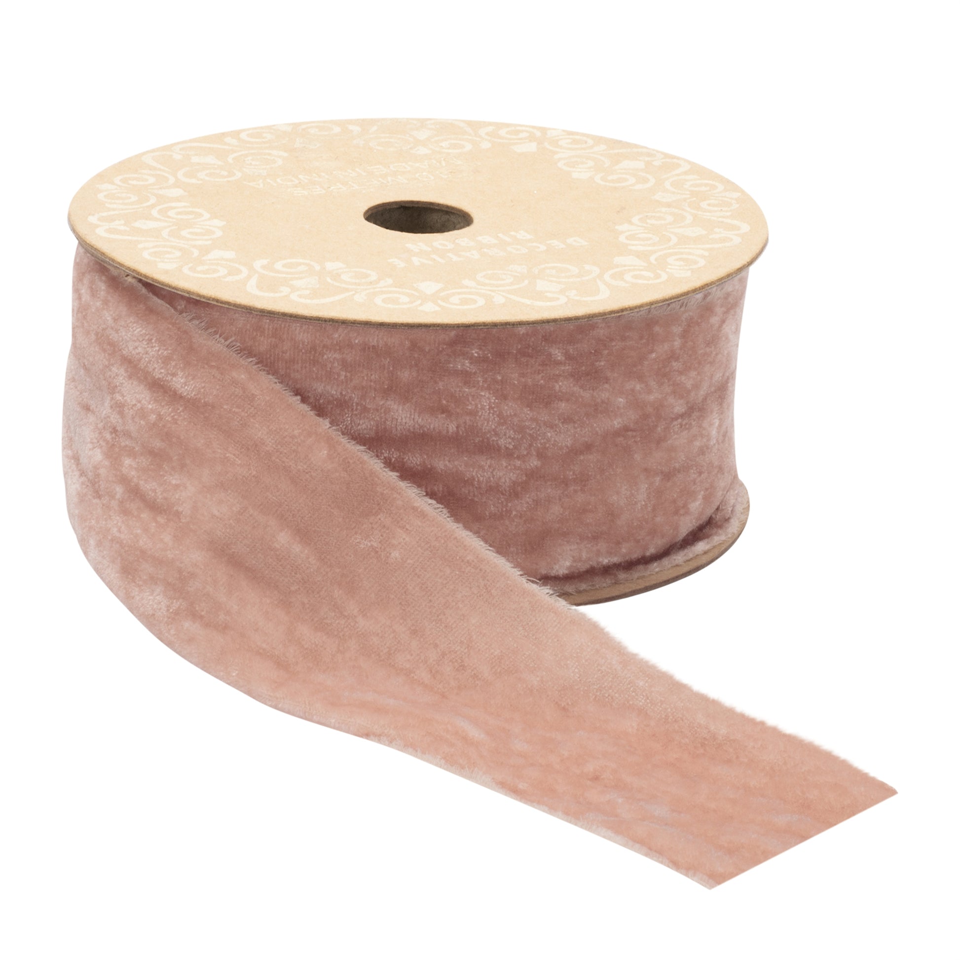 Fringed velvet ribbon pink – 2" x 10 yds with raw-edge fringe | RRO Home
