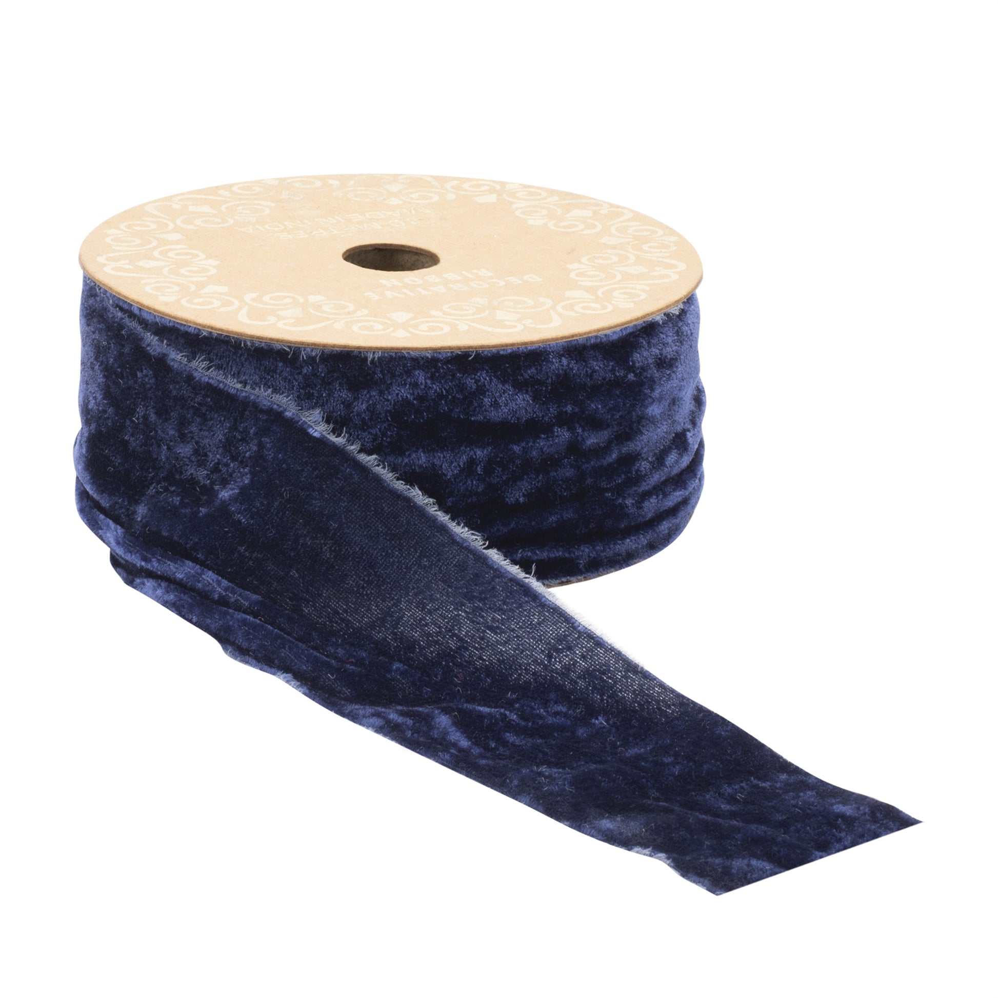 Fringed velvet ribbon dark blue – 2" x 10 yds with raw-edge fringe | RRO Home
