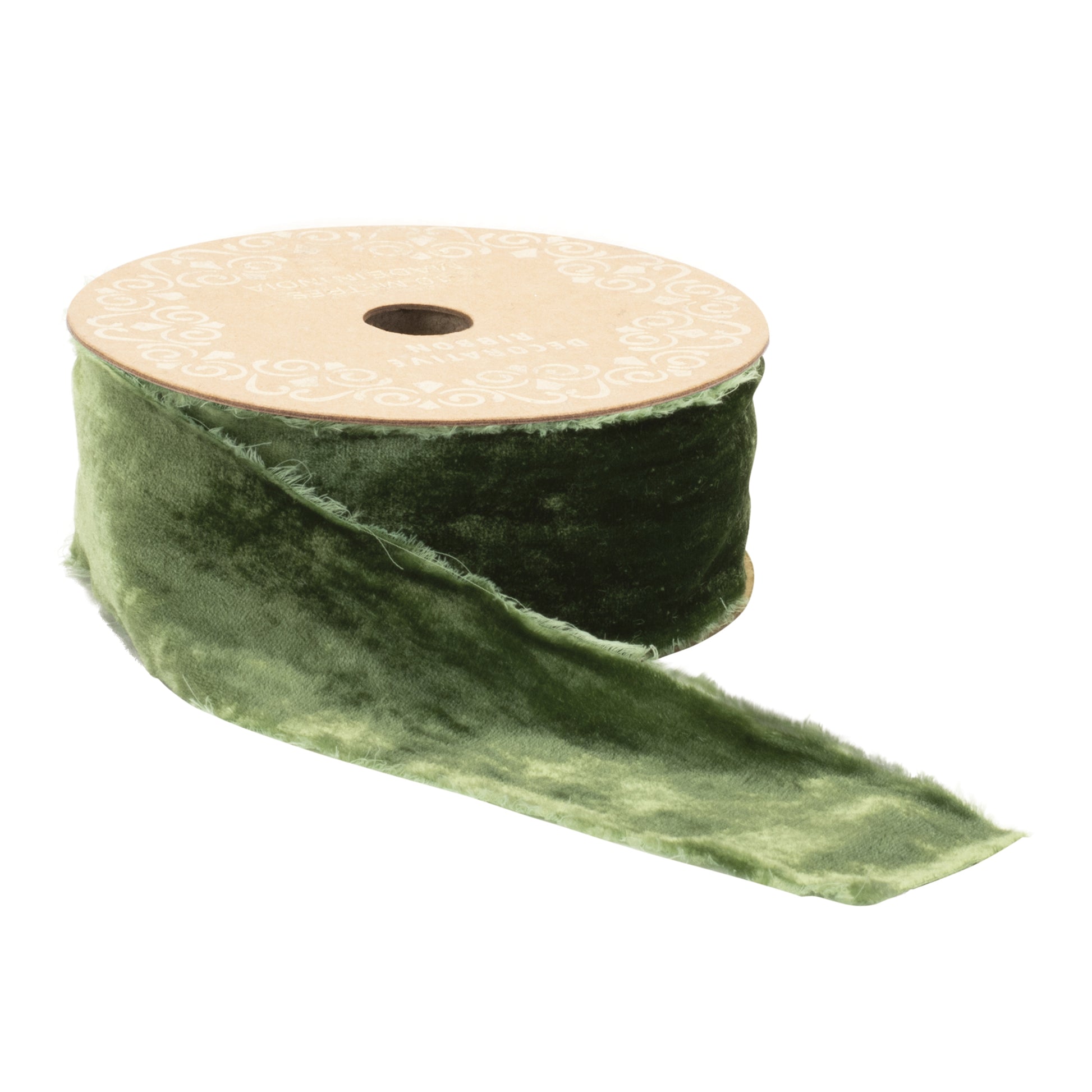 Fringed velvet ribbon green – 2" x 10 yds with raw-edge fringe | RRO Home
