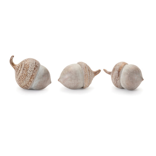 Set of six white washed acorns with etched tops in warm beige tones for rustic fall décor
