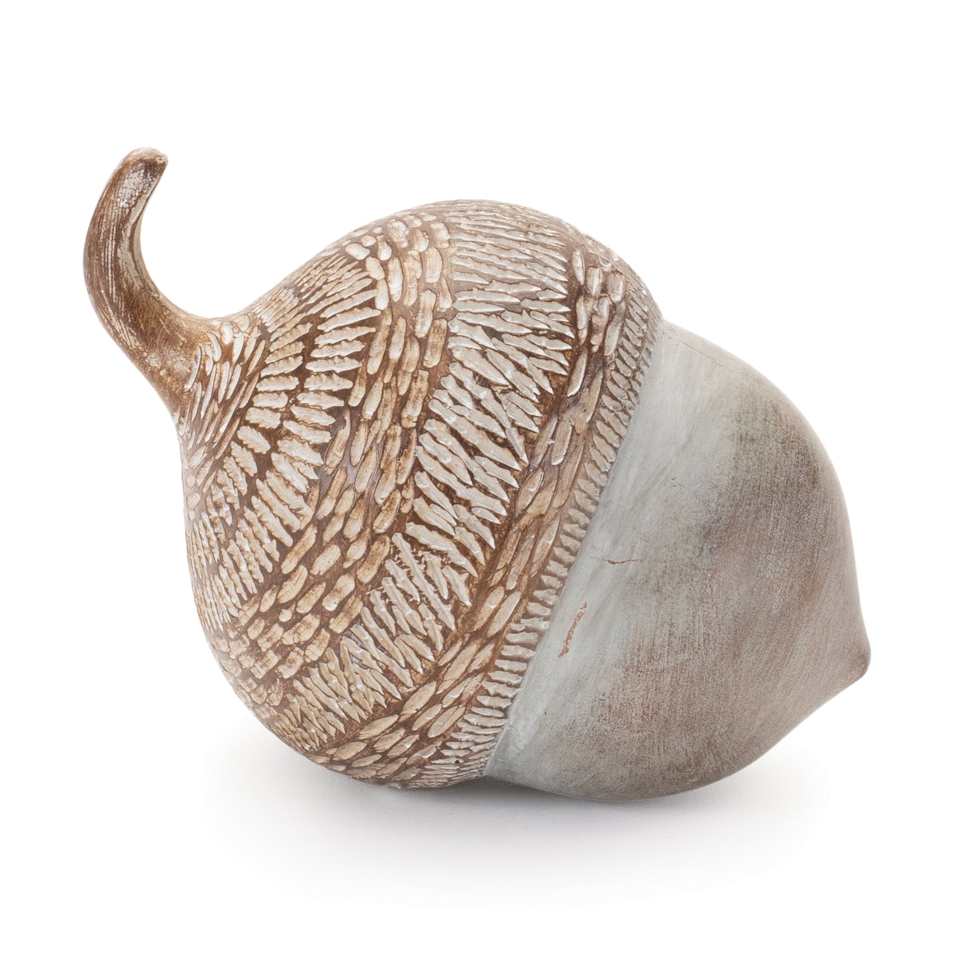 Set of six white washed acorns with etched tops in warm beige tones for rustic fall décor
