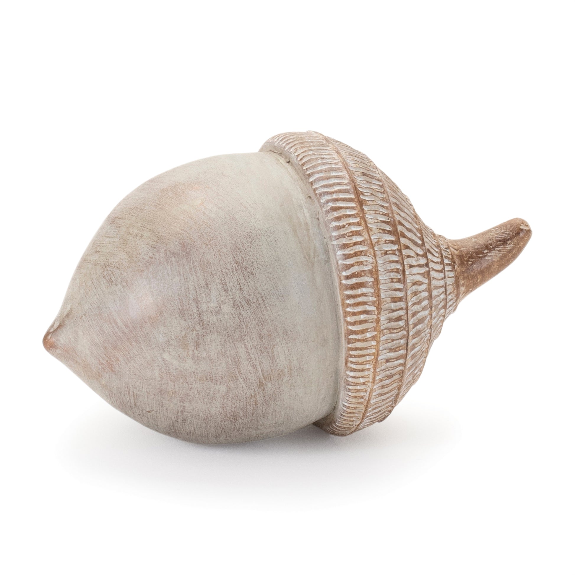 Set of six white washed acorns with etched tops in warm beige tones for rustic fall décor
