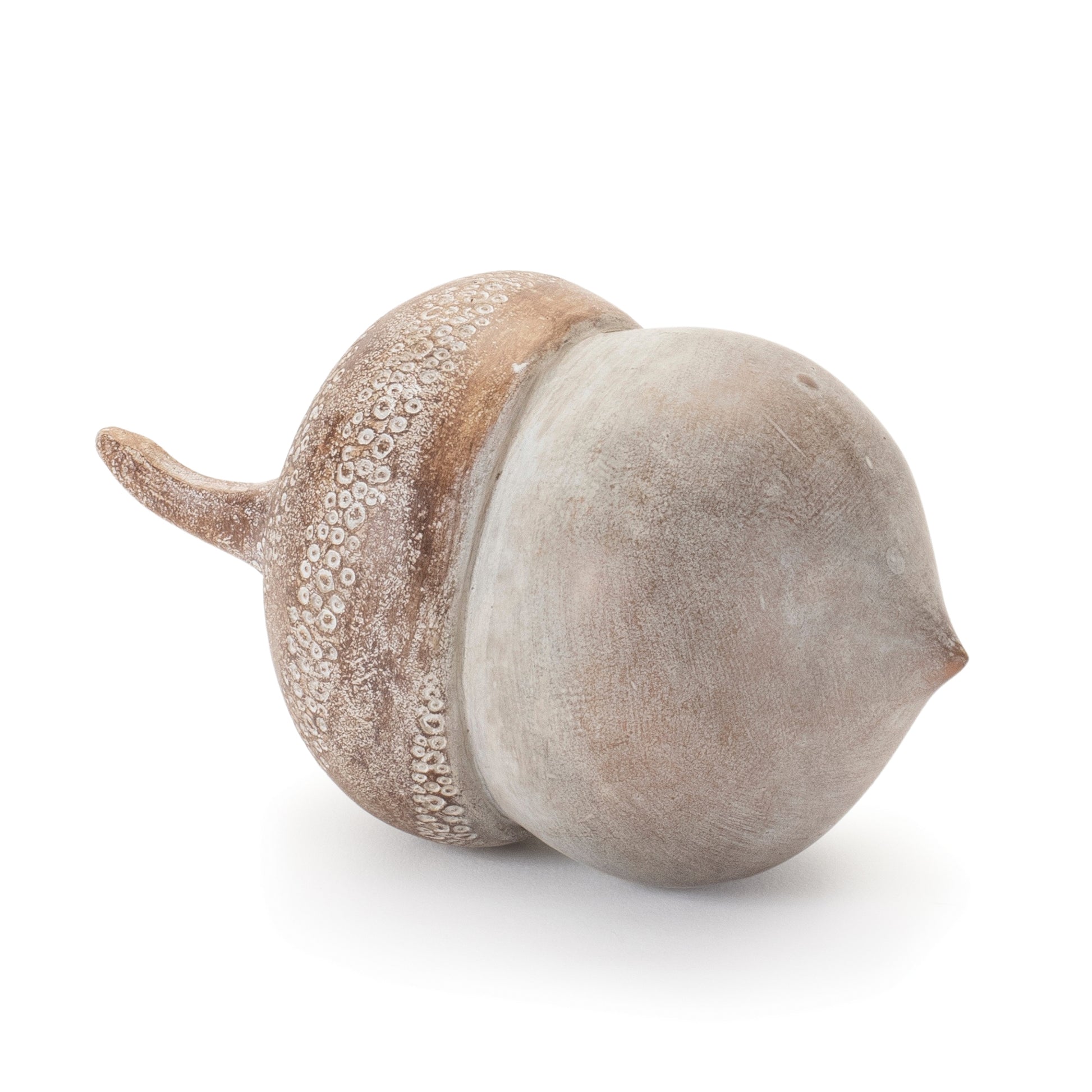 Set of six white washed acorns with etched tops in warm beige tones for rustic fall décor
