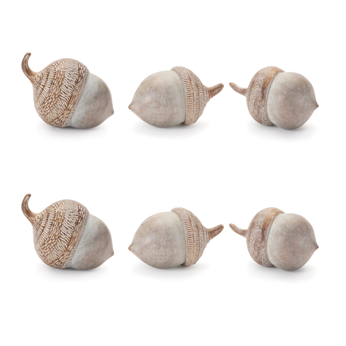 Set of six white washed acorns with etched tops in warm beige tones for rustic fall décor
