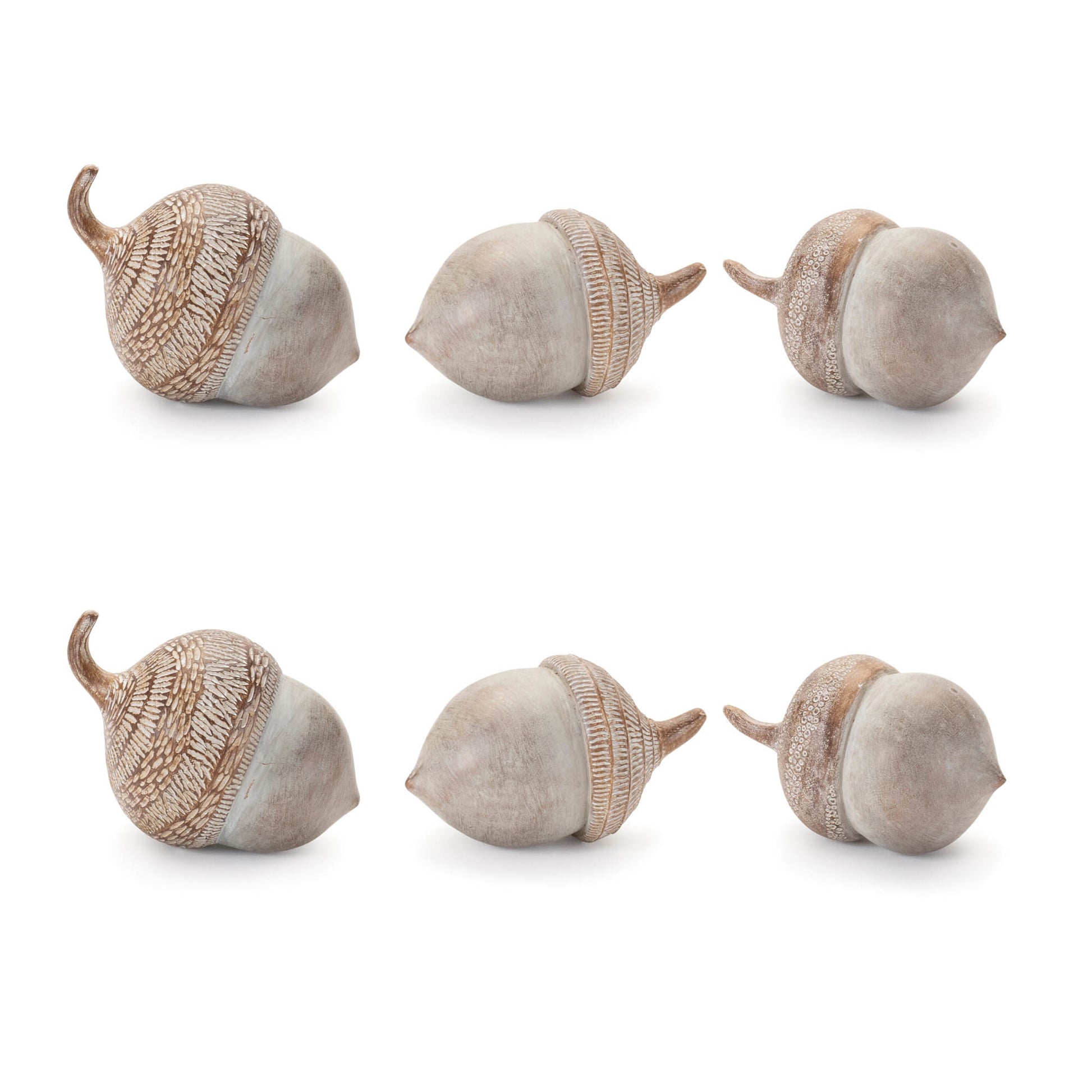 Set of six white washed acorns with etched tops in warm beige tones for rustic fall décor

