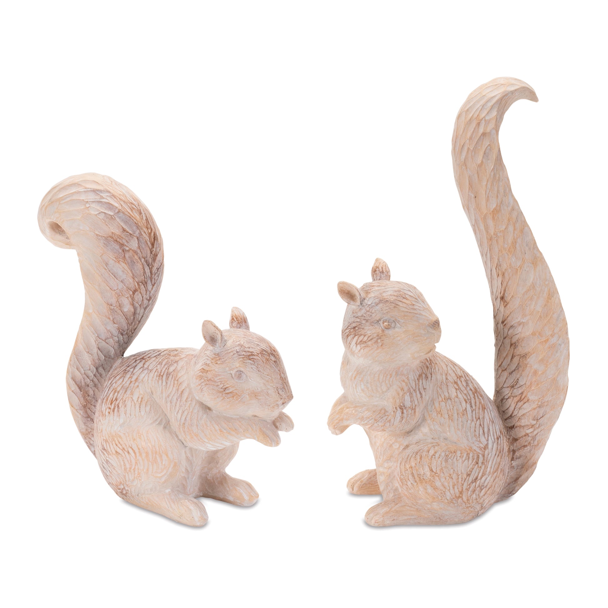 Pair of white-washed and etched squirrel figurines in brown and beige tones for fall décor
