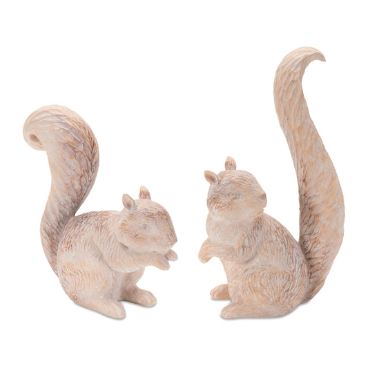 Pair of white-washed and etched squirrel figurines in brown and beige tones for fall décor
