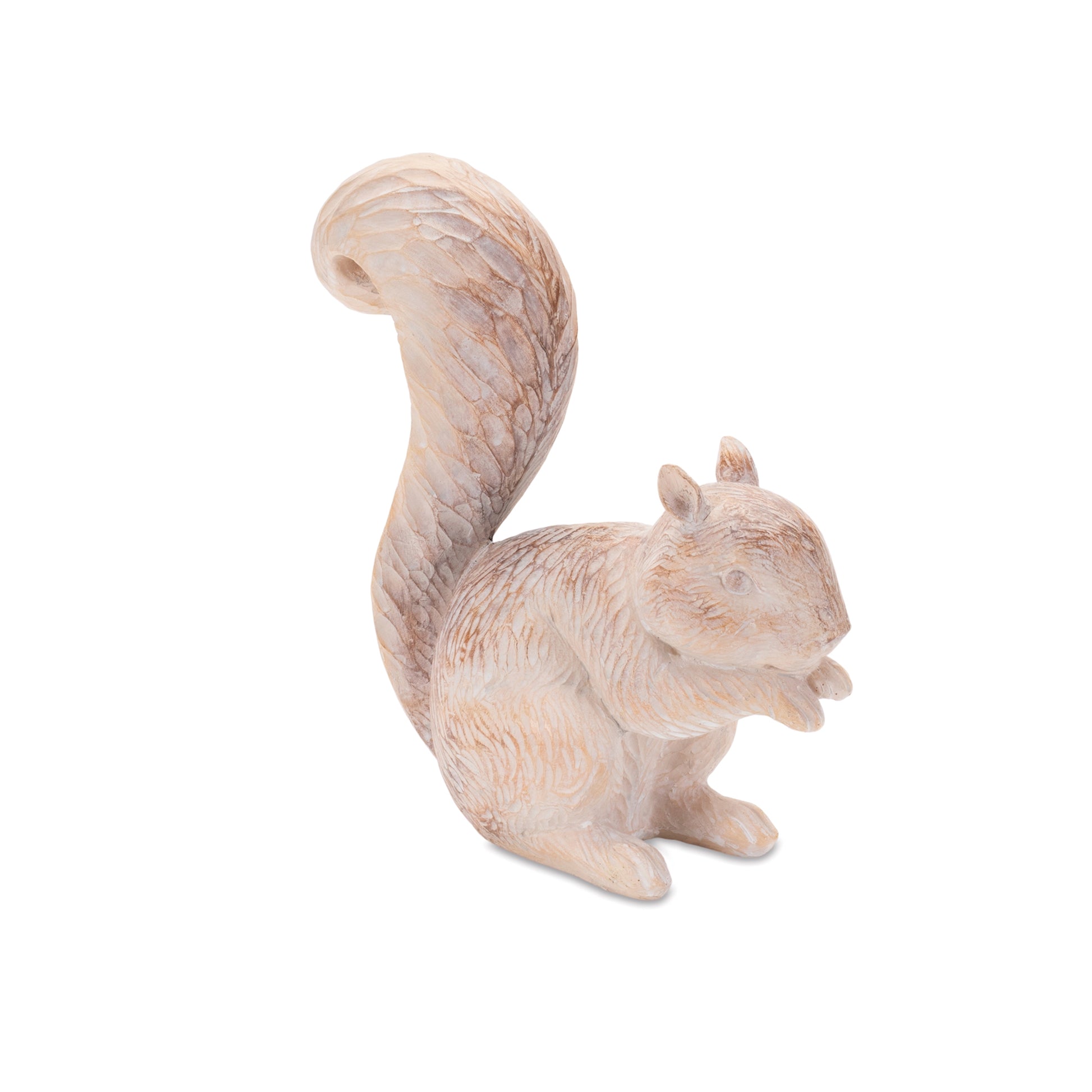 Pair of white-washed and etched squirrel figurines in brown and beige tones for fall décor
